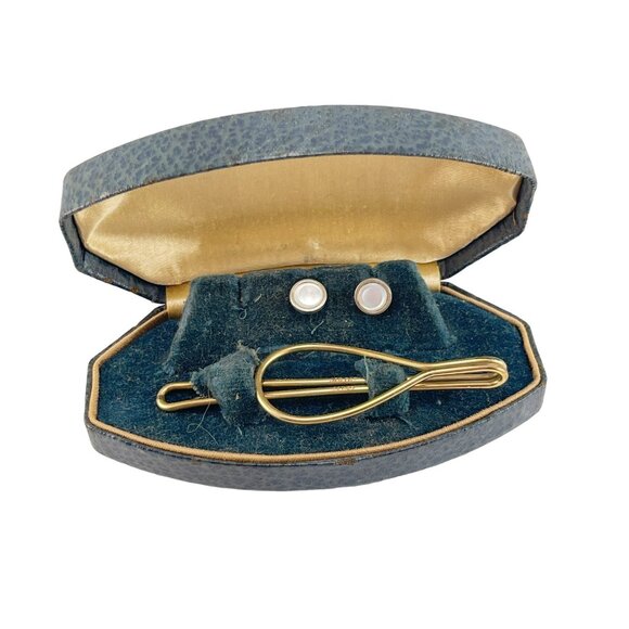 Tie Clip 10K Gold Filled and Mother of Pearl Tuxedo Buttons in Leather Box - Picture 7 of 11